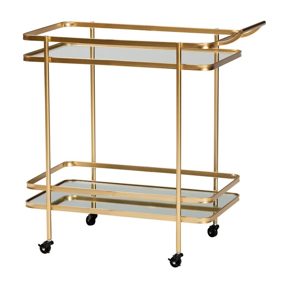 Glam Brushed Gold Finished Metal and Mirrored Glass 2-Tier Mobile Wine Bar Cart. Picture 9