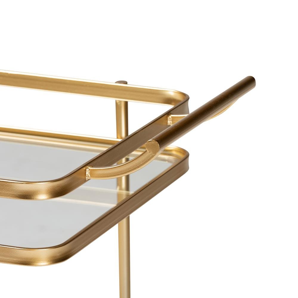 Glam Brushed Gold Finished Metal and Mirrored Glass 2-Tier Mobile Wine Bar Cart. Picture 12