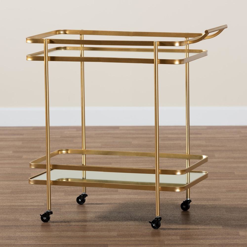 Glam Brushed Gold Finished Metal and Mirrored Glass 2-Tier Mobile Wine Bar Cart. Picture 15