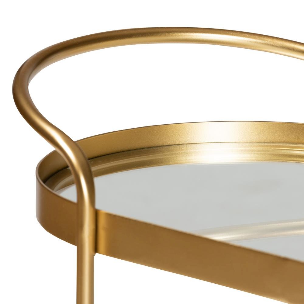 Glam Brushed Gold Finished Metal and Mirrored Glass 2-Tier Mobile Wine Bar Cart. Picture 12