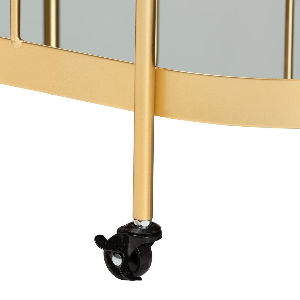 Glam Brushed Gold Finished Metal and Mirrored Glass 2-Tier Mobile Wine Bar Cart. Picture 13