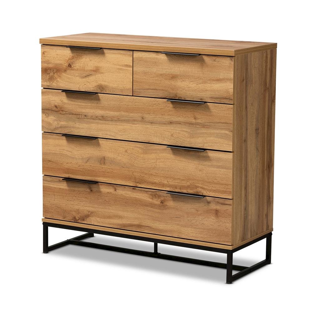 Oak Finished Wood and Black Finished Metal 5-Drawer Bedroom Chest. Picture 10