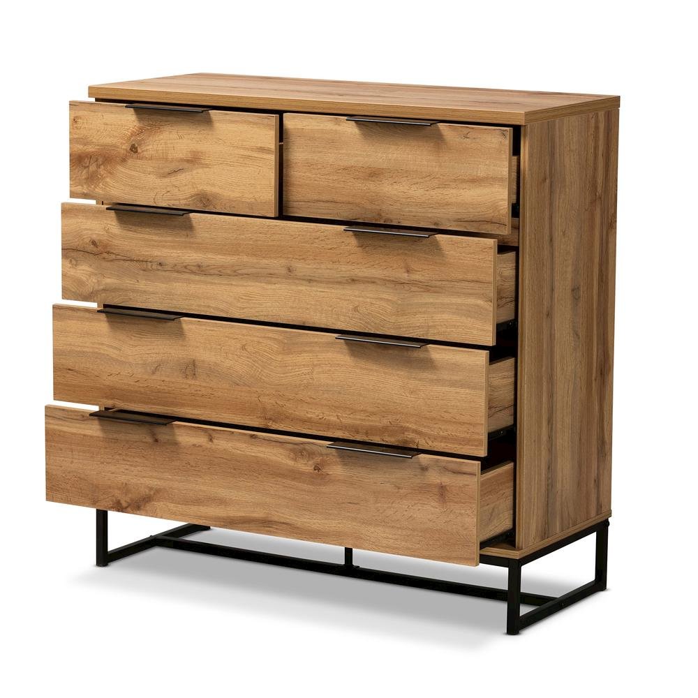 Oak Finished Wood and Black Finished Metal 5-Drawer Bedroom Chest. Picture 11