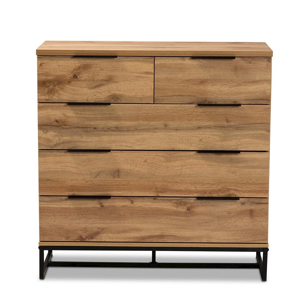 Oak Finished Wood and Black Finished Metal 5-Drawer Bedroom Chest. Picture 12