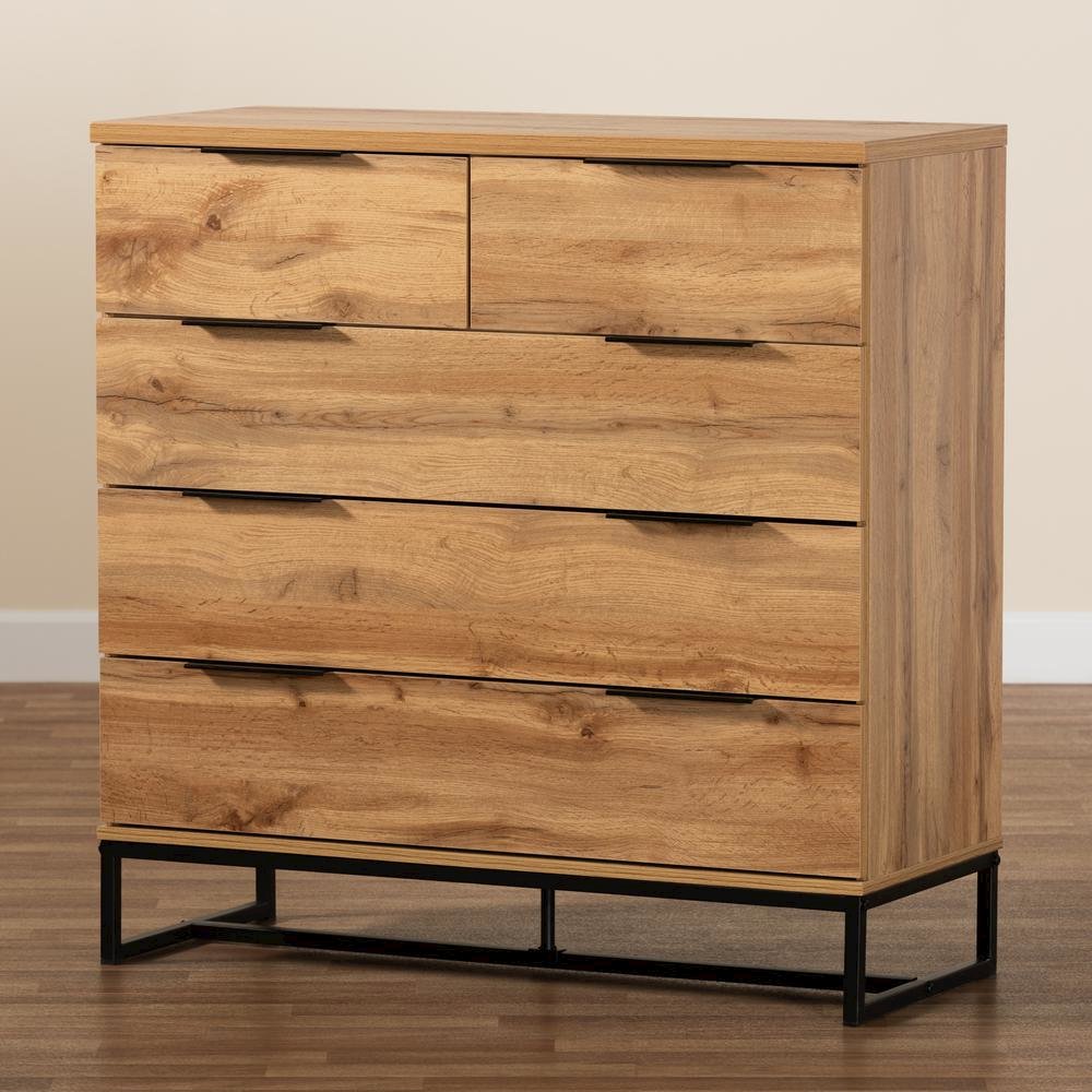 Oak Finished Wood and Black Finished Metal 5-Drawer Bedroom Chest. Picture 17
