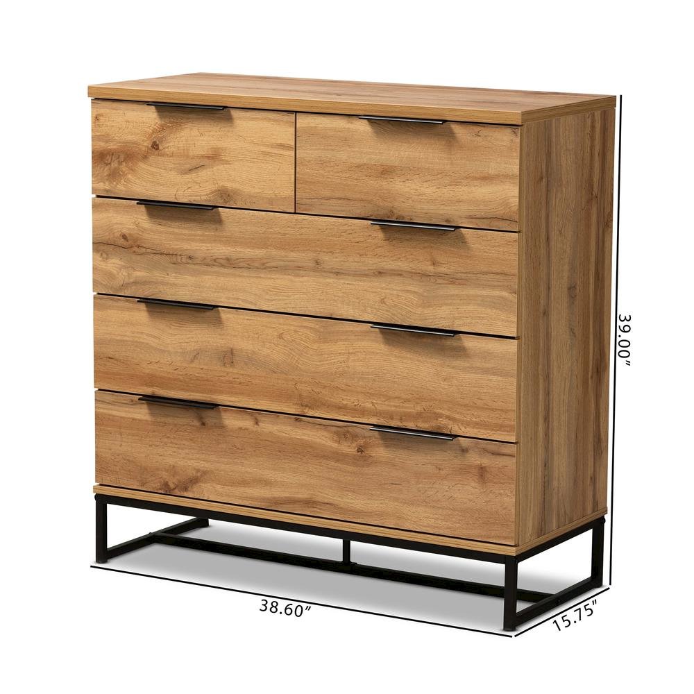 Oak Finished Wood and Black Finished Metal 5-Drawer Bedroom Chest. Picture 18