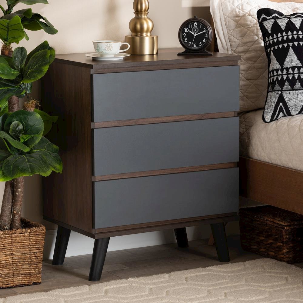 Two-Tone Walnut and Grey Finished Wood 3-Drawer Bedroom Chest. Picture 14