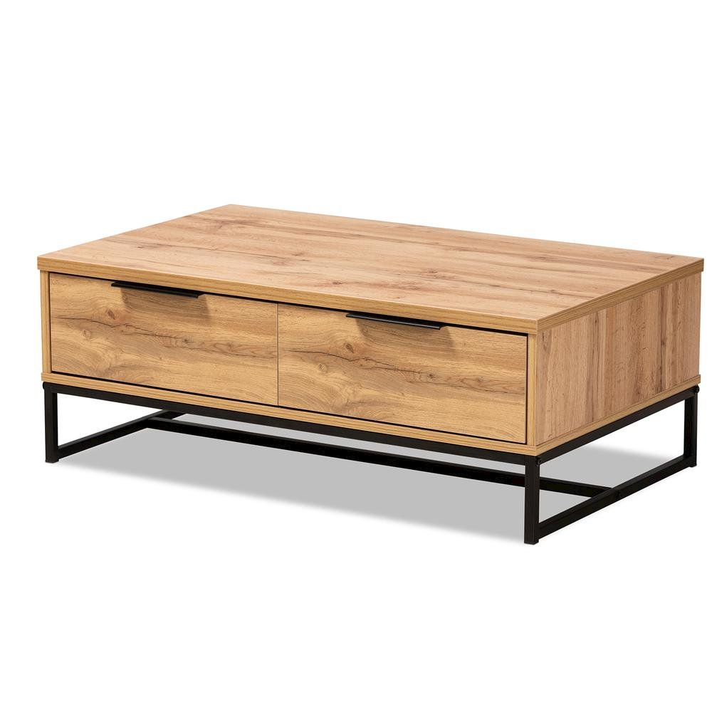 Oak Brown Finished Wood and Black Finished Metal 2-Drawer Coffee Table. Picture 11