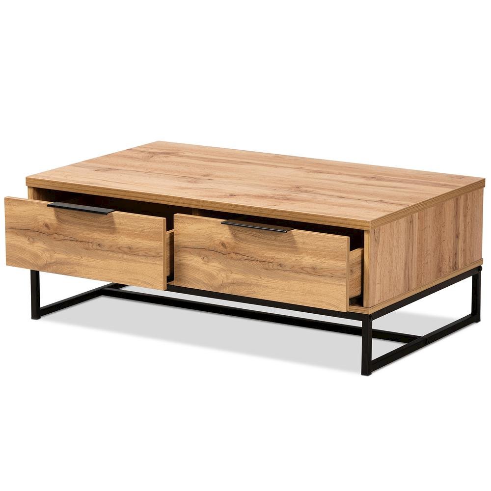 Oak Brown Finished Wood and Black Finished Metal 2-Drawer Coffee Table. Picture 12
