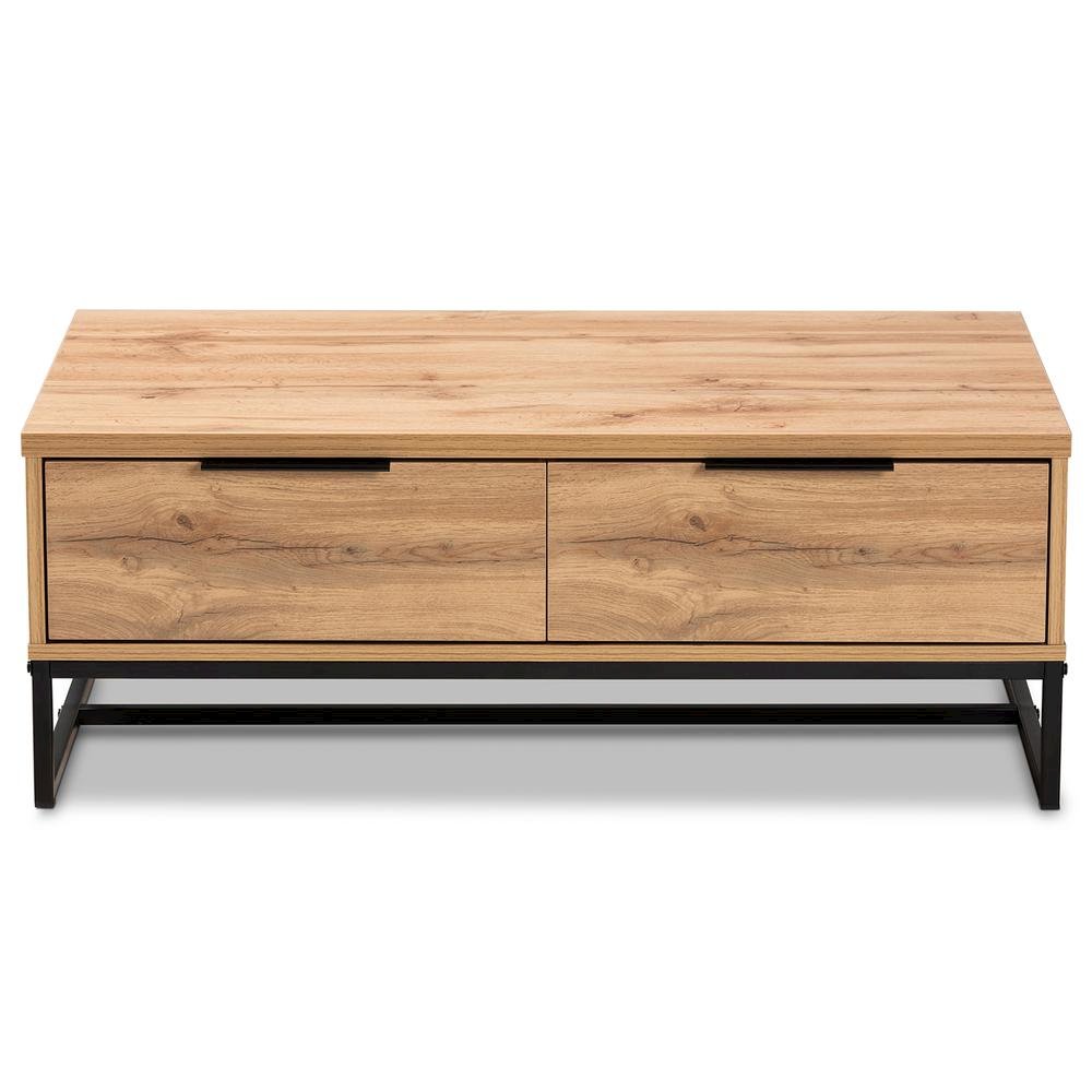 Oak Brown Finished Wood and Black Finished Metal 2-Drawer Coffee Table. Picture 13