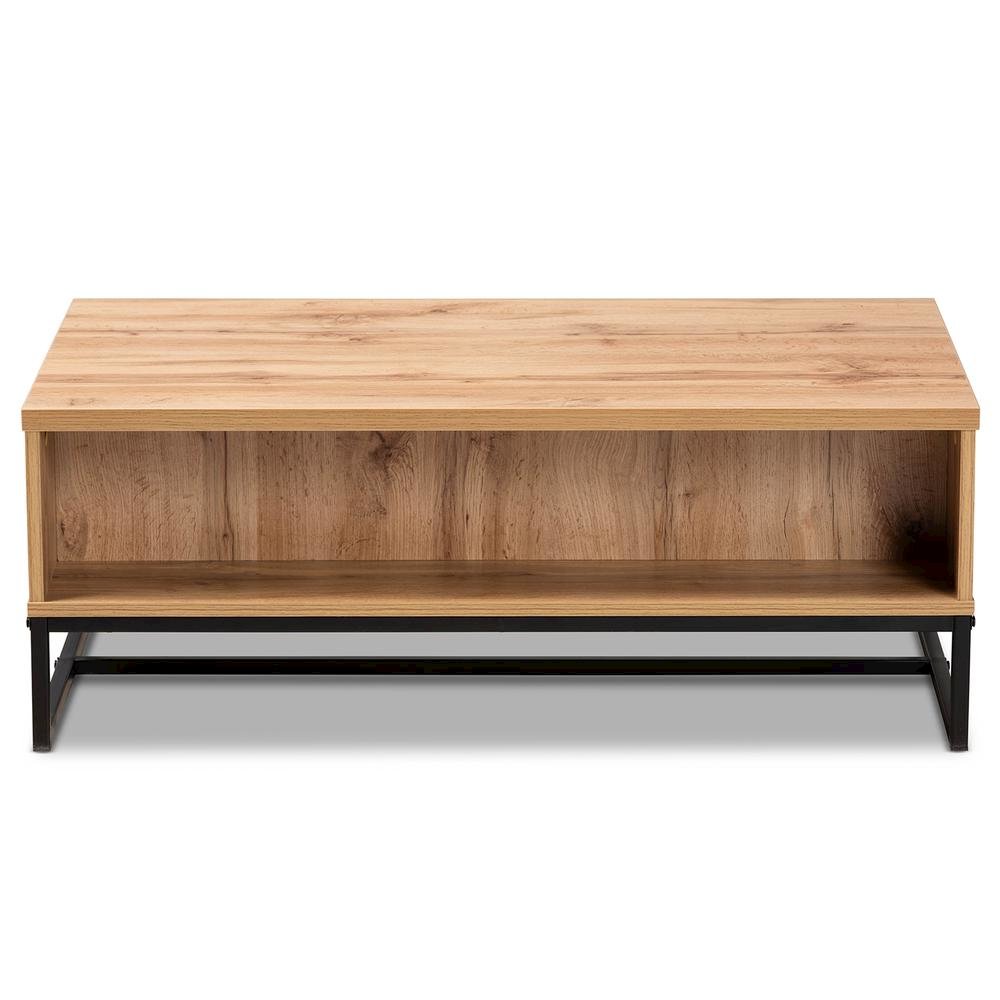 Oak Brown Finished Wood and Black Finished Metal 2-Drawer Coffee Table. Picture 15
