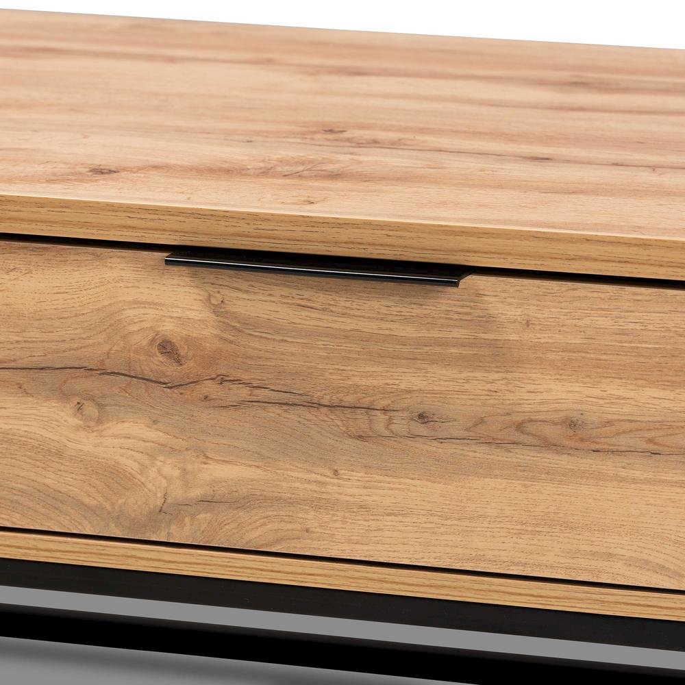 Oak Brown Finished Wood and Black Finished Metal 2-Drawer Coffee Table. Picture 16