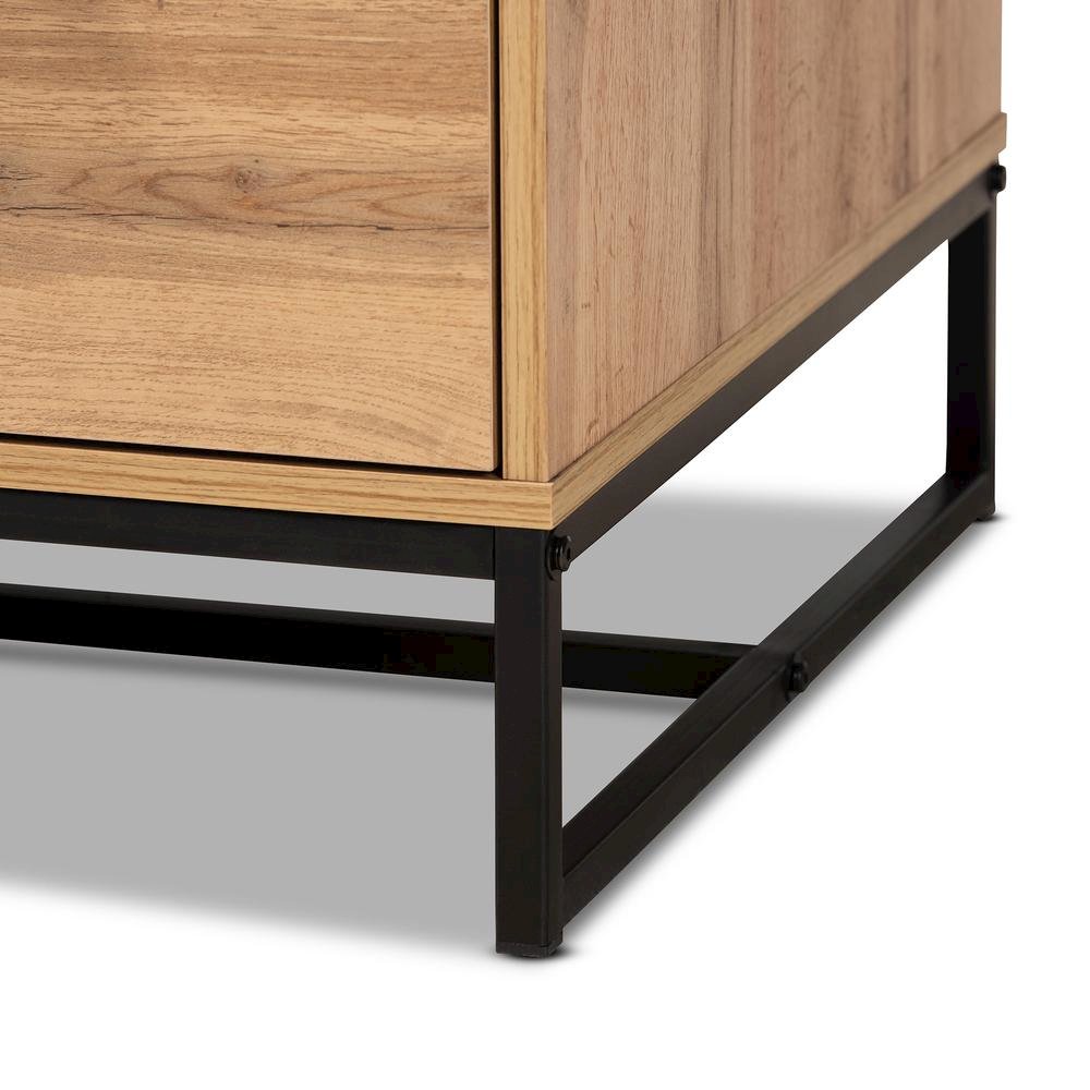 Oak Brown Finished Wood and Black Finished Metal 2-Drawer Coffee Table. Picture 17