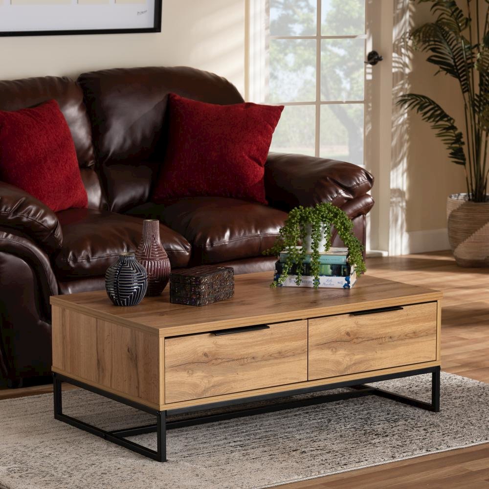 Oak Brown Finished Wood and Black Finished Metal 2-Drawer Coffee Table. Picture 18
