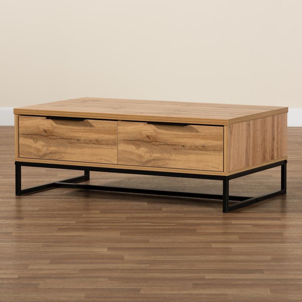 Oak Brown Finished Wood and Black Finished Metal 2-Drawer Coffee Table. Picture 19