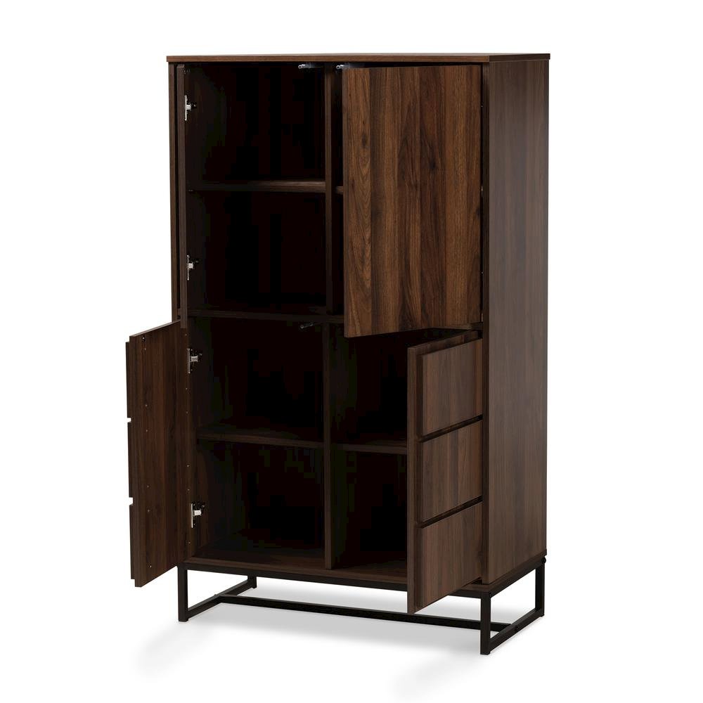 Walnut Brown Finished Wood and Black Finished Metal Multipurpose Storage Cabinet. Picture 11