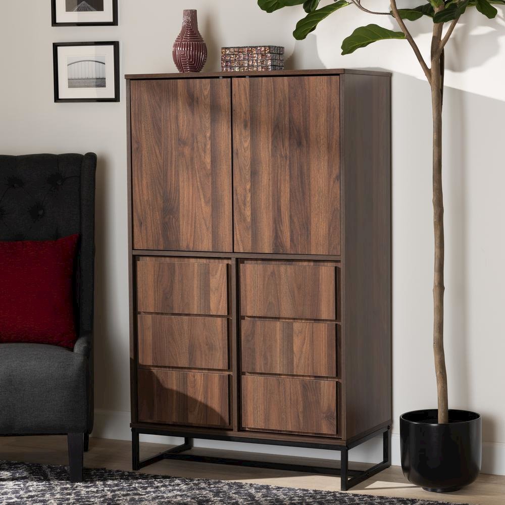Walnut Brown Finished Wood and Black Finished Metal Multipurpose Storage Cabinet. Picture 16