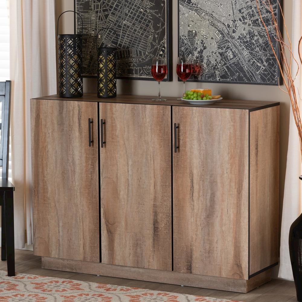 Natural Oak Finished Wood 3-Door Dining Room Sideboard Buffet. Picture 16