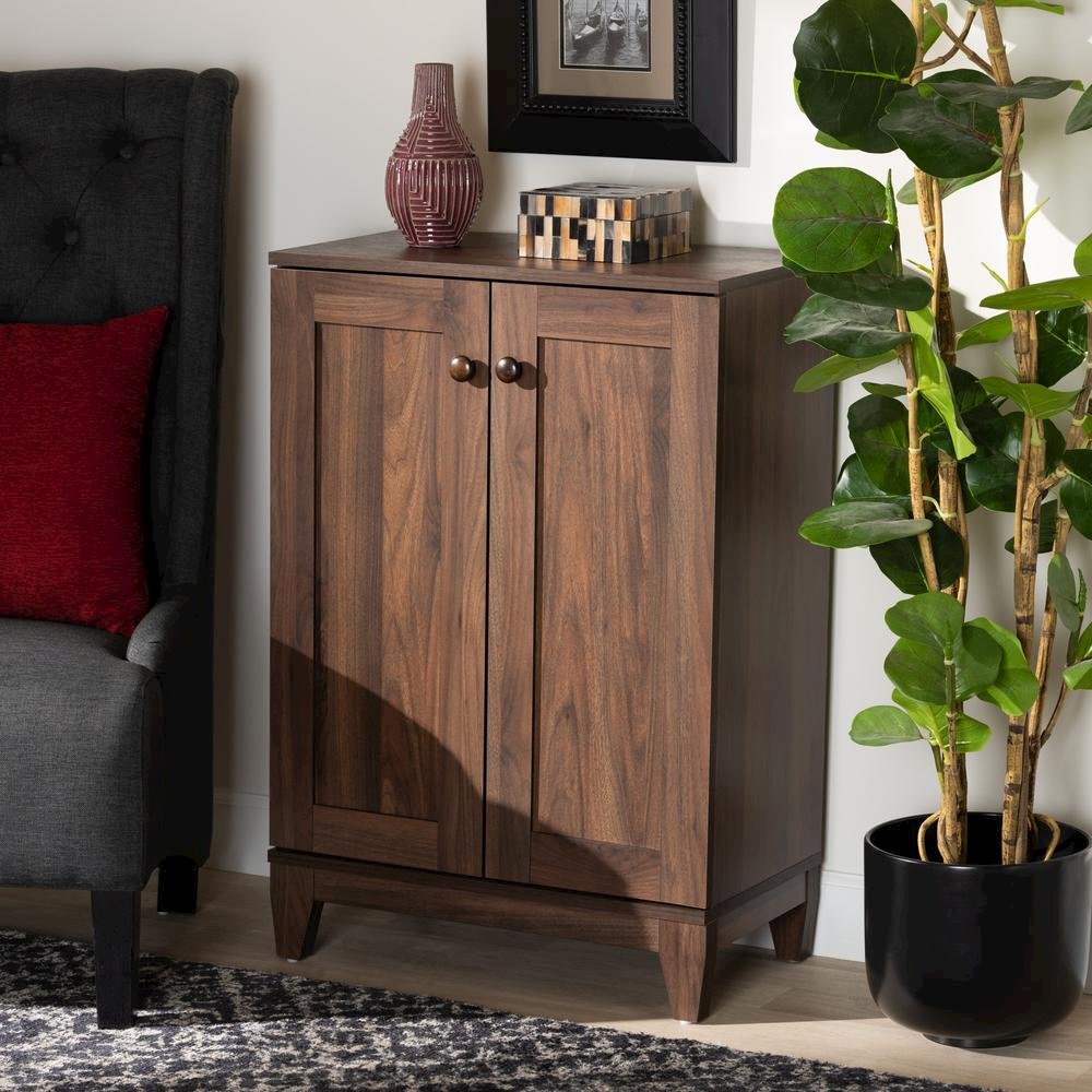 Walnut Brown Finished Wood 2-Door Shoe Storage Cabinet. Picture 17