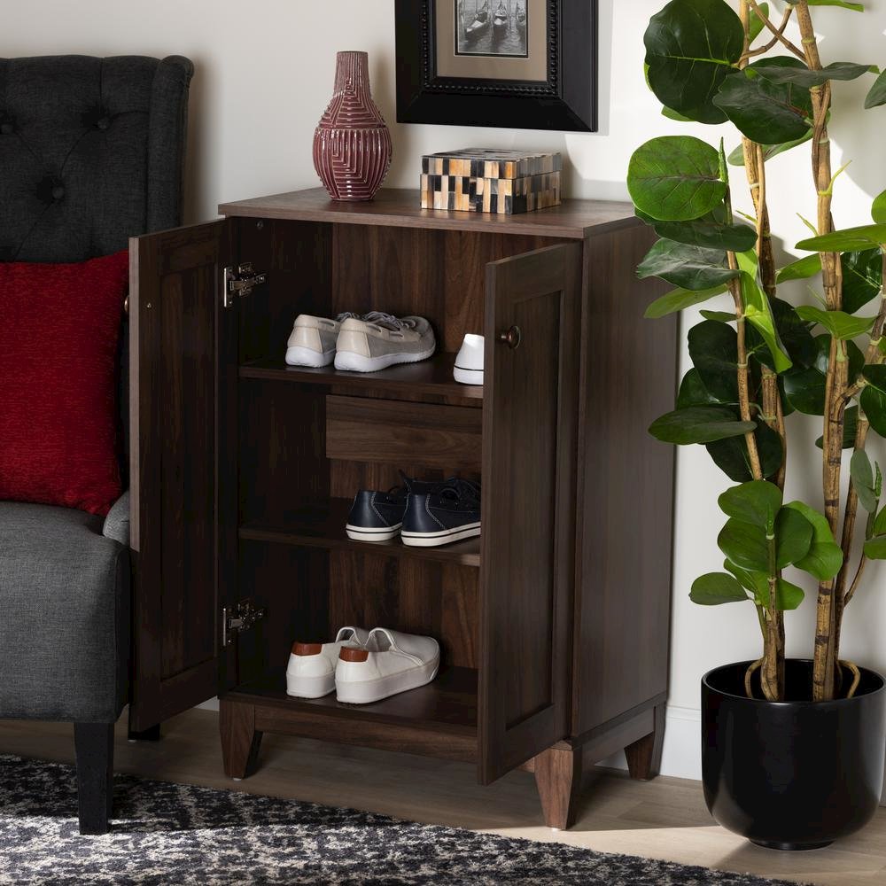 Walnut Brown Finished Wood 2-Door Shoe Storage Cabinet. Picture 18