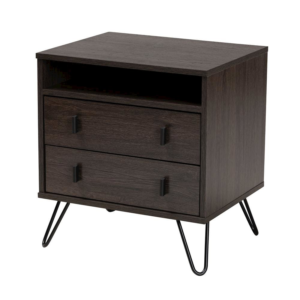 Dark Brown Finished Wood and Black Metal 2-Drawer Nightstand. Picture 11