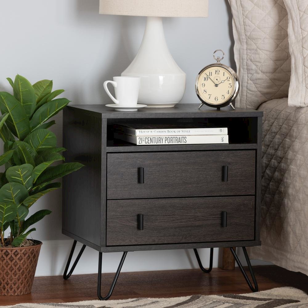 Dark Brown Finished Wood and Black Metal 2-Drawer Nightstand. Picture 18