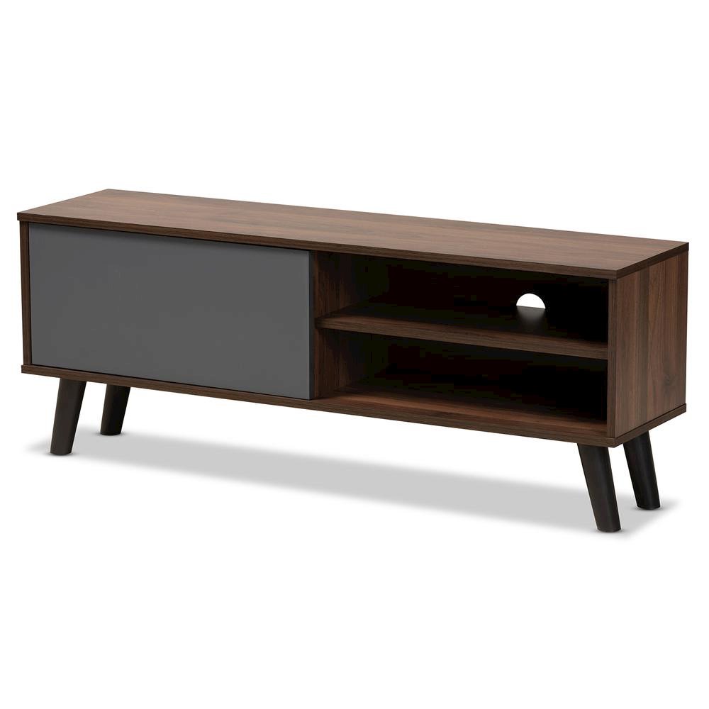 Two-Tone Walnut Brown and Grey Finished Wood TV Stand. Picture 9