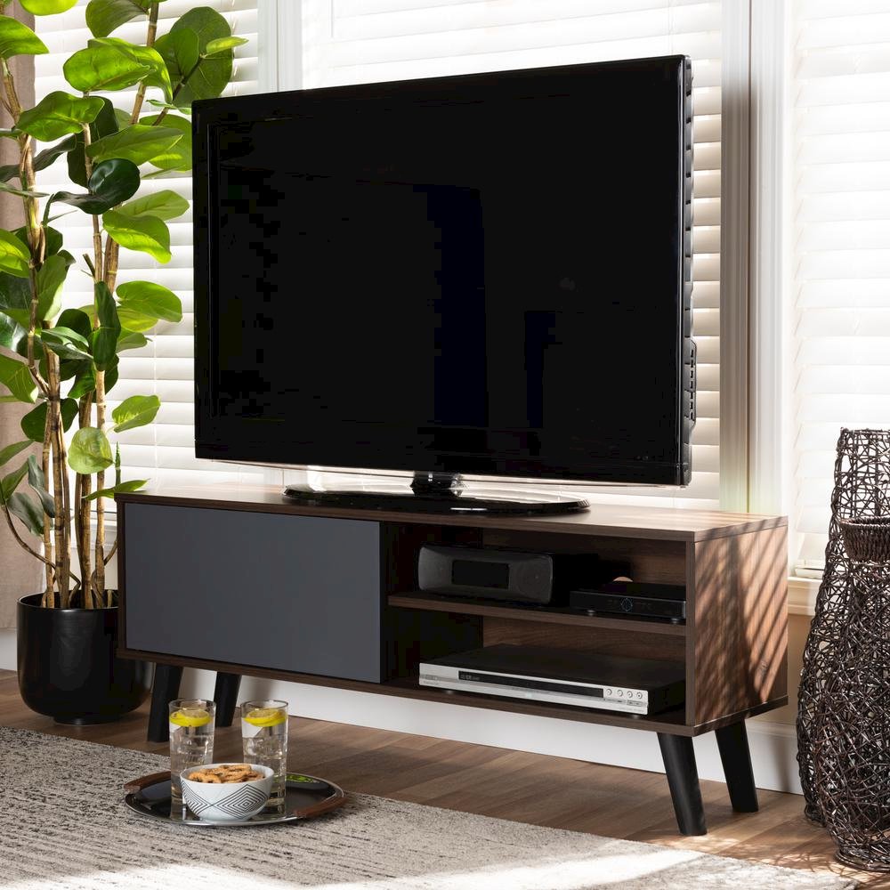Two-Tone Walnut Brown and Grey Finished Wood TV Stand. Picture 14