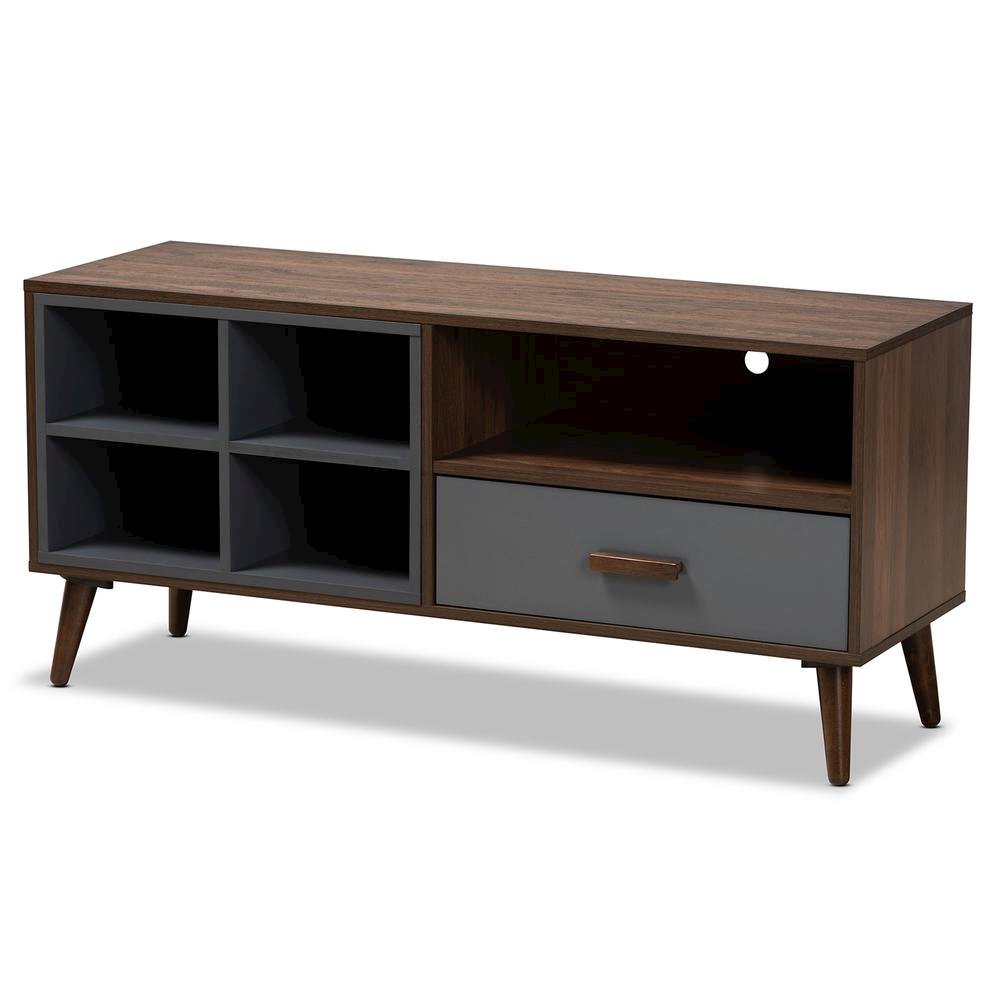 Two-Tone Grey and Walnut Brown Finished Wood 1-Drawer TV Stand. Picture 11