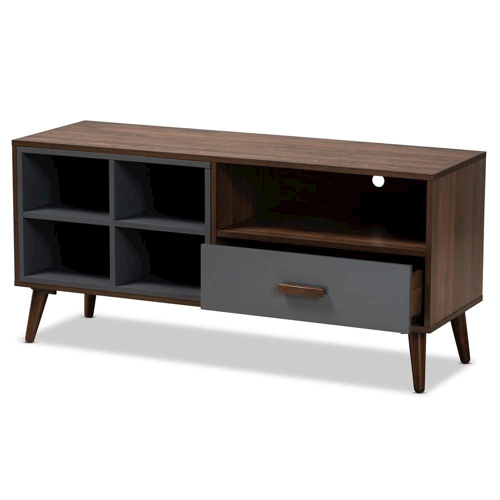 Two-Tone Grey and Walnut Brown Finished Wood 1-Drawer TV Stand. Picture 12