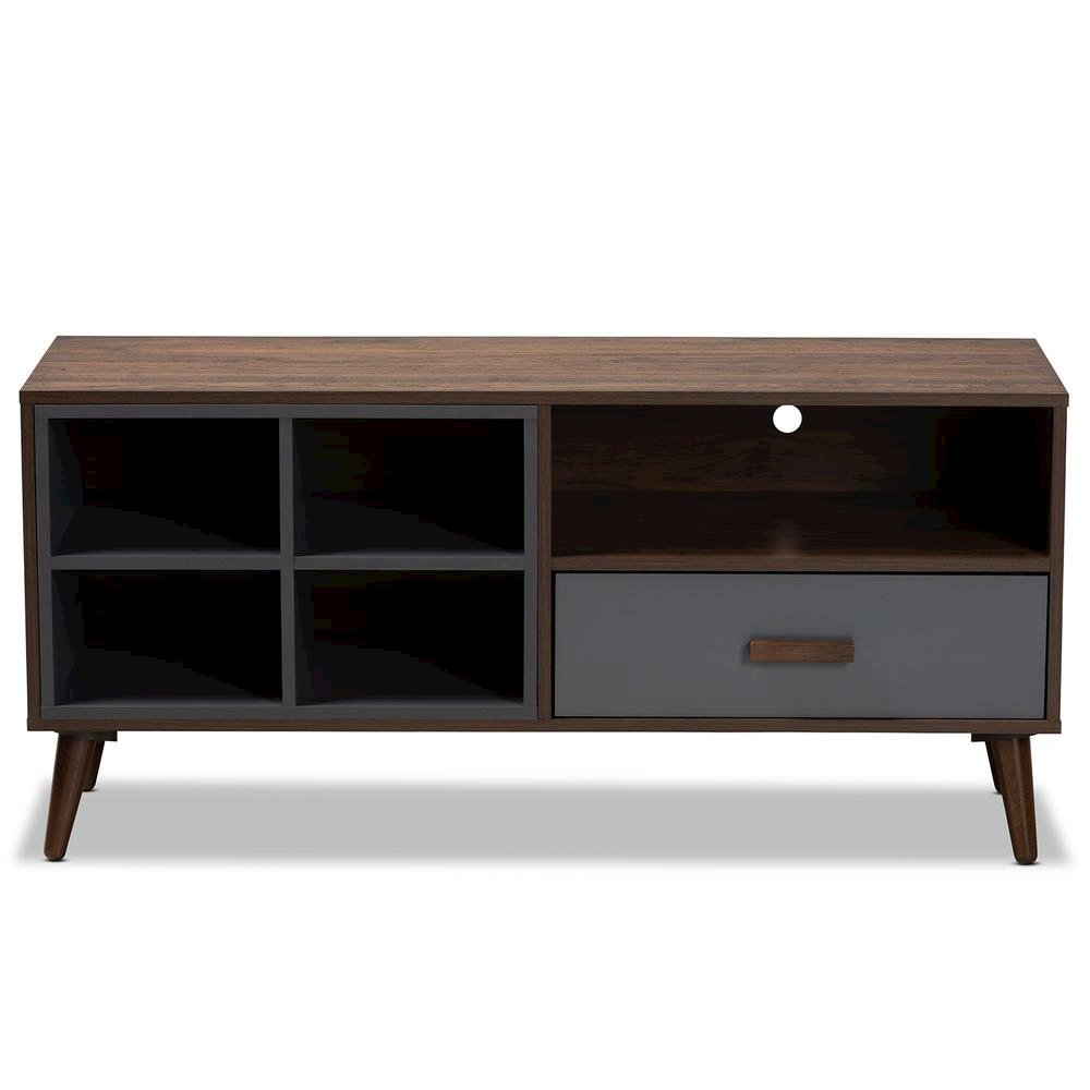Two-Tone Grey and Walnut Brown Finished Wood 1-Drawer TV Stand. Picture 13
