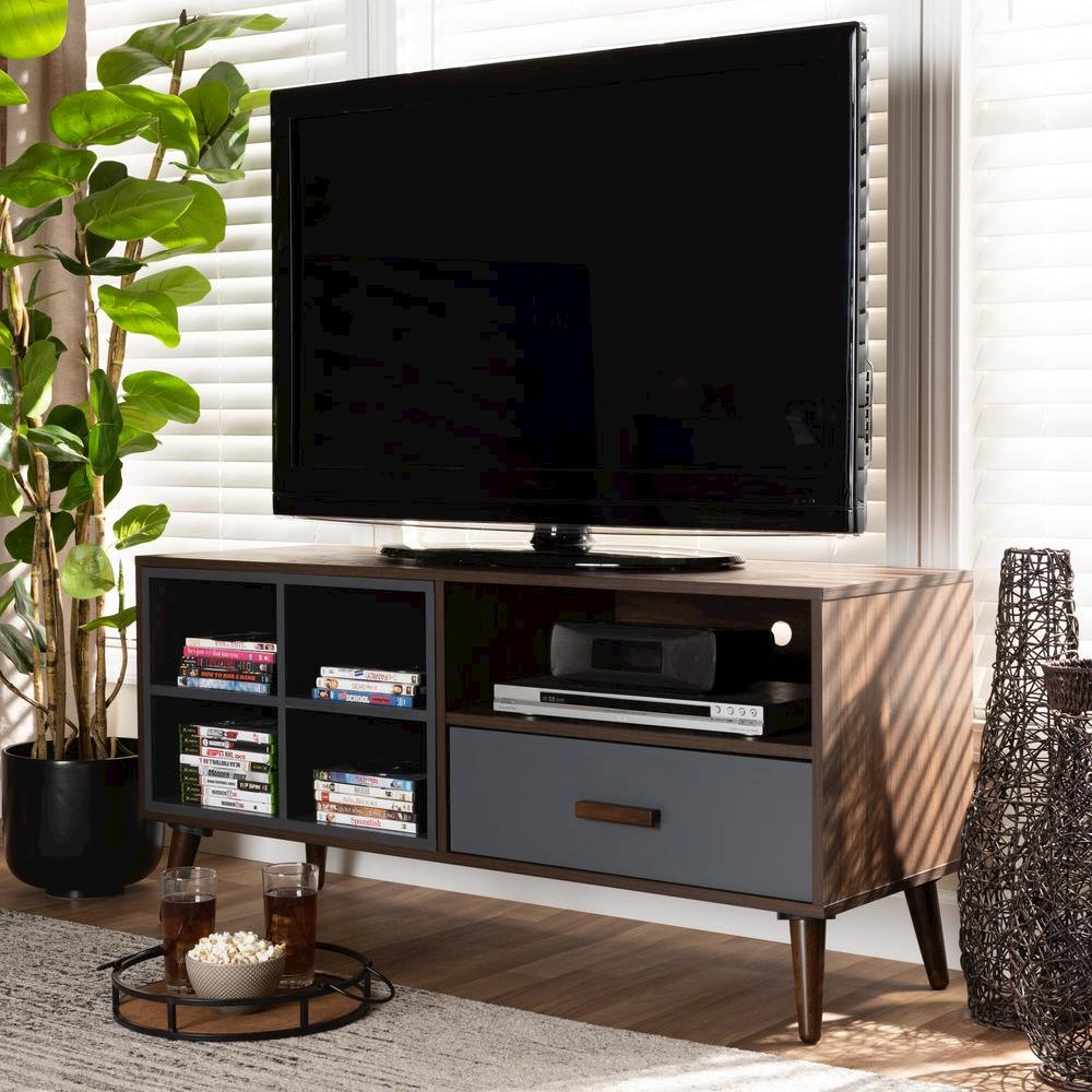 Two-Tone Grey and Walnut Brown Finished Wood 1-Drawer TV Stand. Picture 18