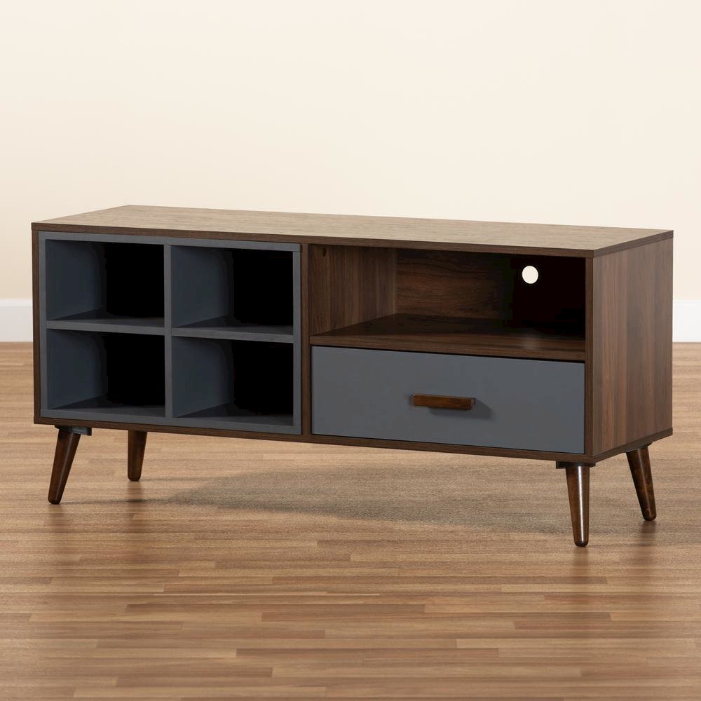 Two-Tone Grey and Walnut Brown Finished Wood 1-Drawer TV Stand. Picture 19