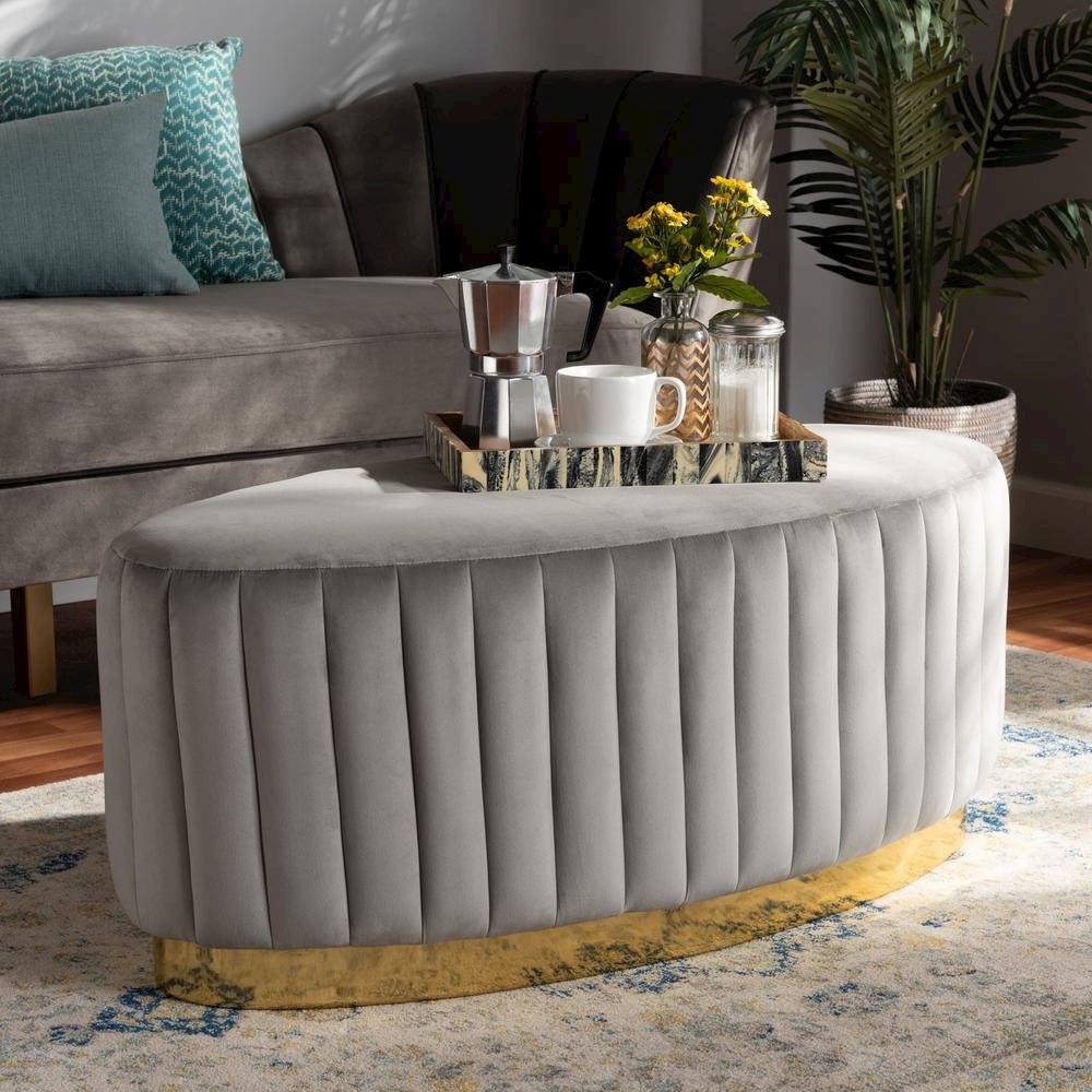 Kirana Glam and Luxe Grey Velvet Fabric Upholstered and Gold PU Leather Ottoman. Picture 12