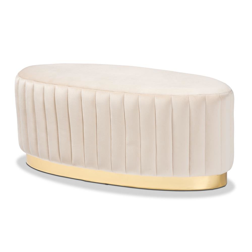 Kirana Glam and Luxe Beige Velvet Fabric Upholstered and Gold PU Leather Ottoman. Picture 8