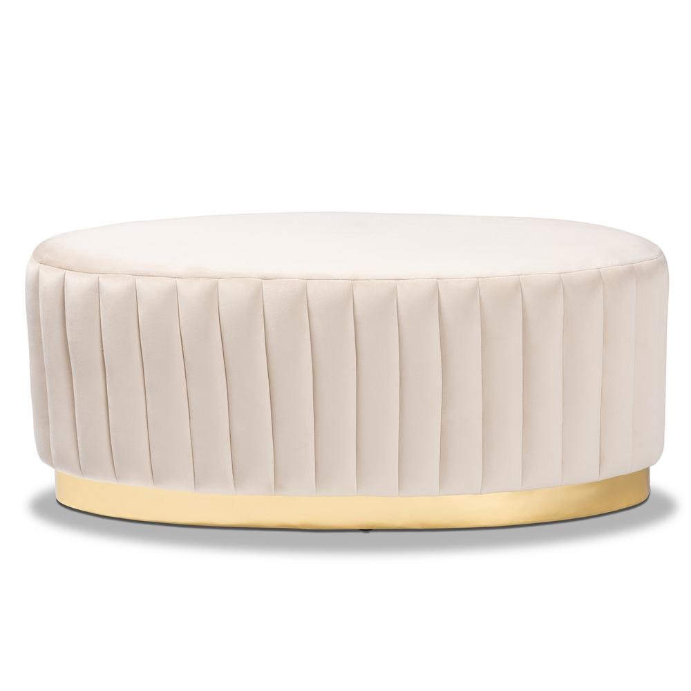 Kirana Glam and Luxe Beige Velvet Fabric Upholstered and Gold PU Leather Ottoman. Picture 9