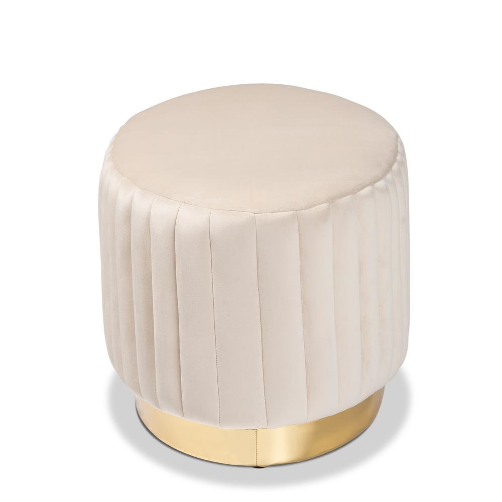 Kirana Glam and Luxe Beige Velvet Fabric Upholstered and Gold PU Leather Ottoman. Picture 10