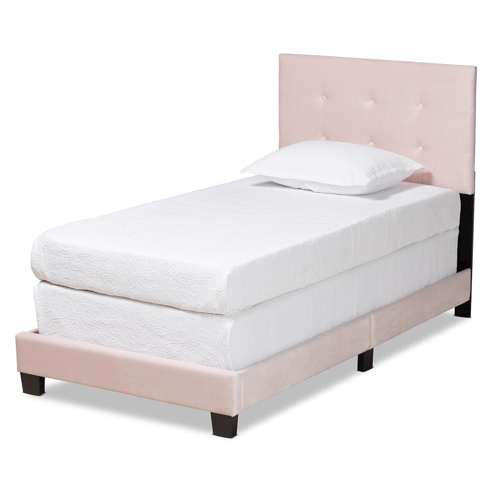 Glam Light Pink Velvet Fabric Upholstered Twin Size Panel Bed. Picture 9