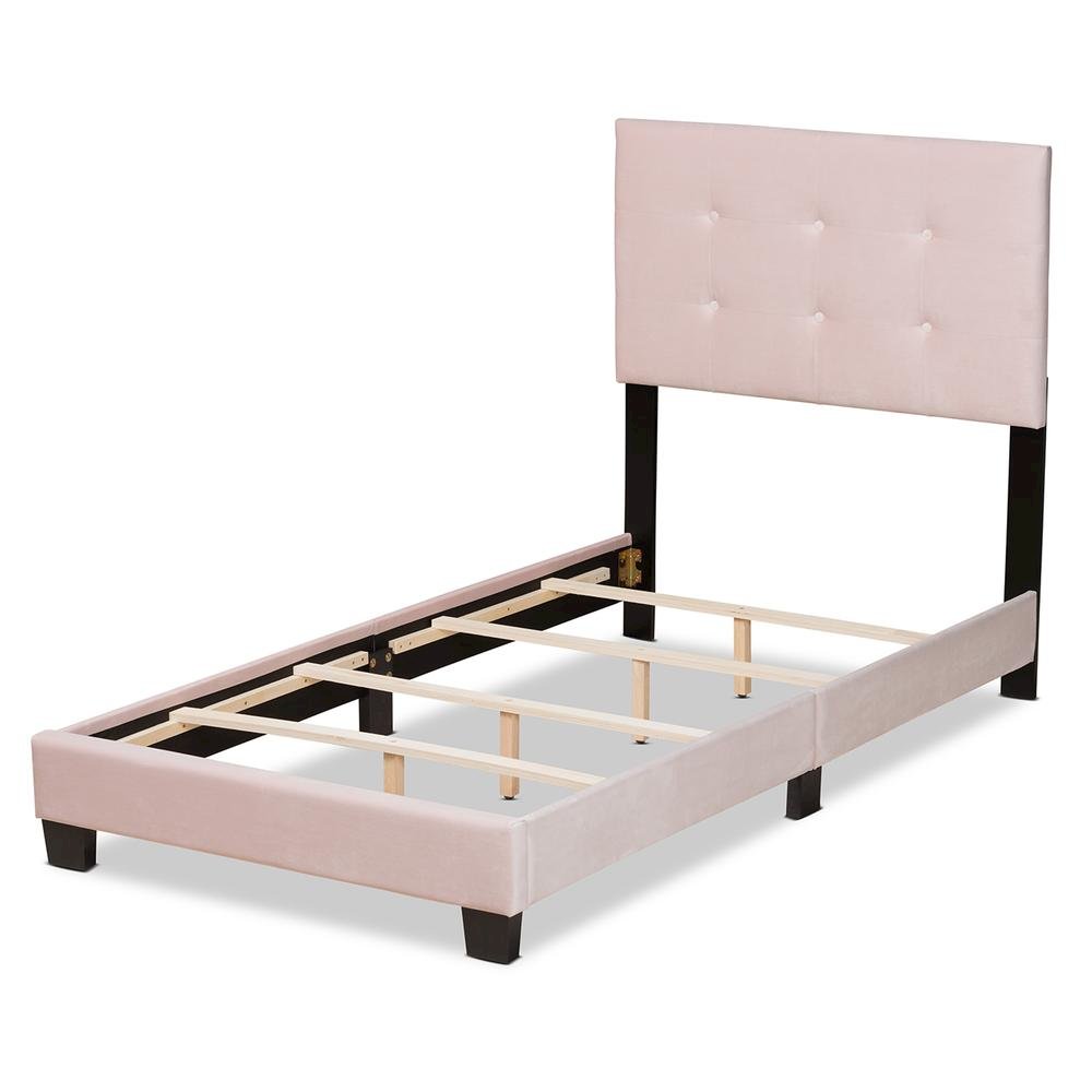 Glam Light Pink Velvet Fabric Upholstered Twin Size Panel Bed. Picture 11