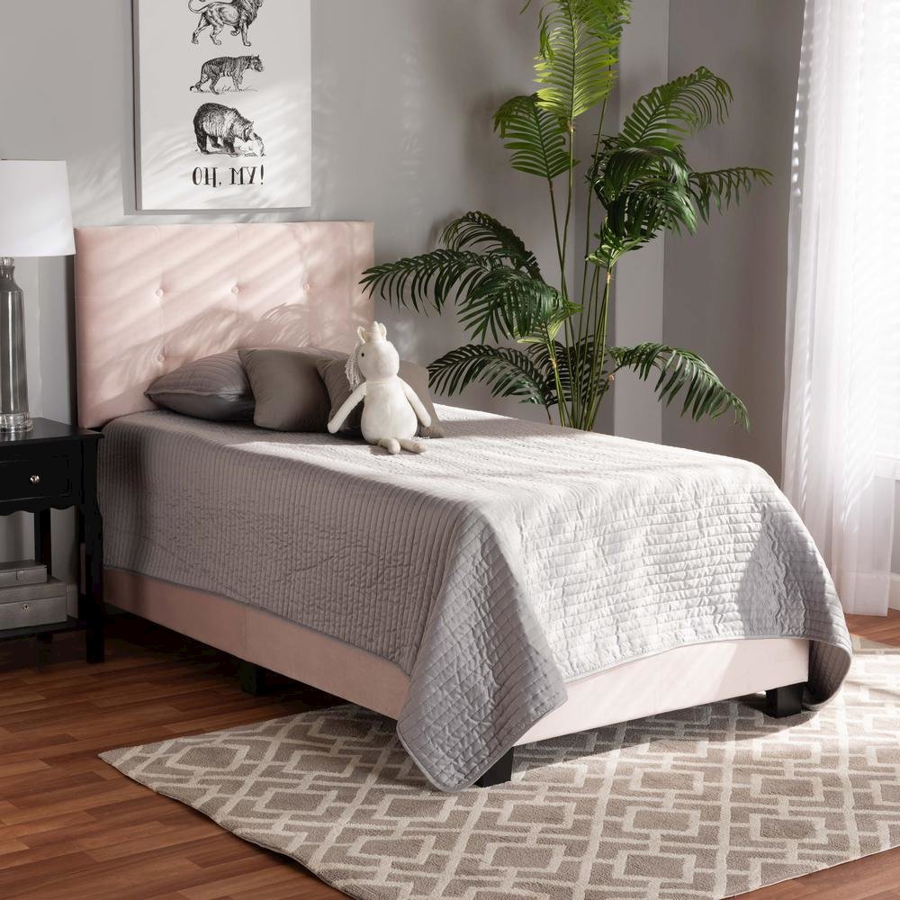 Glam Light Pink Velvet Fabric Upholstered Twin Size Panel Bed. Picture 14