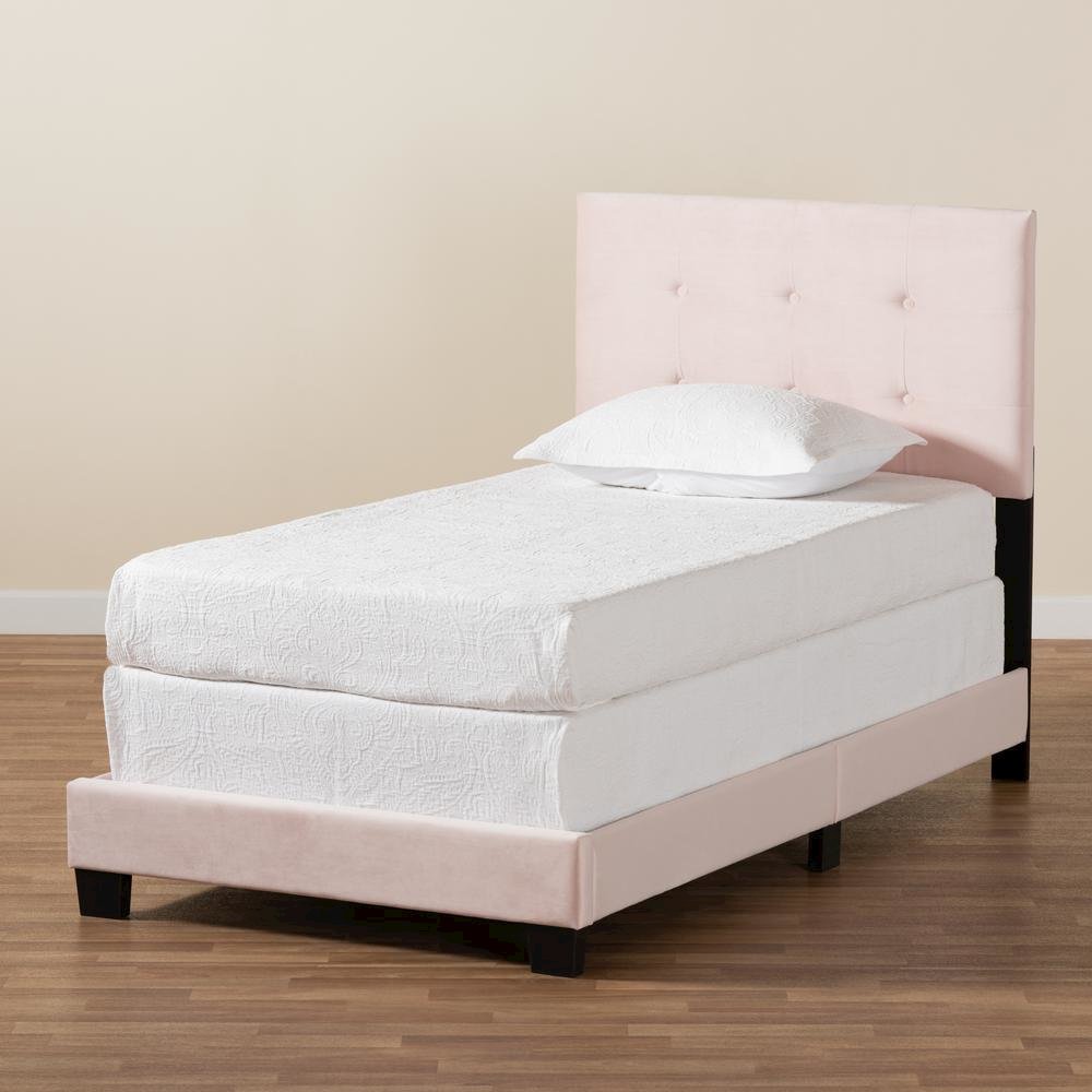 Glam Light Pink Velvet Fabric Upholstered Twin Size Panel Bed. Picture 15