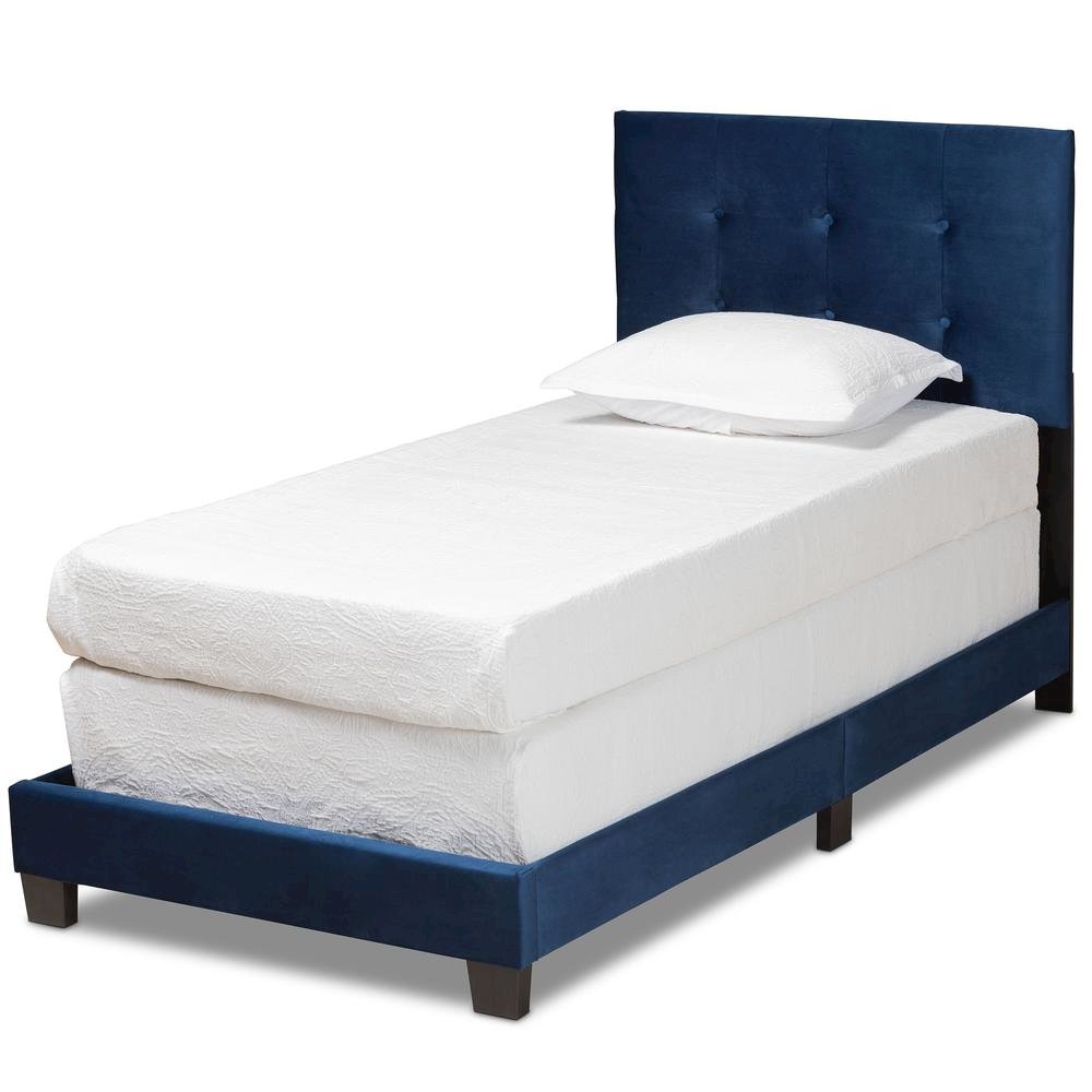 Glam Navy Blue Velvet Fabric Upholstered Twin Size Panel Bed. Picture 9