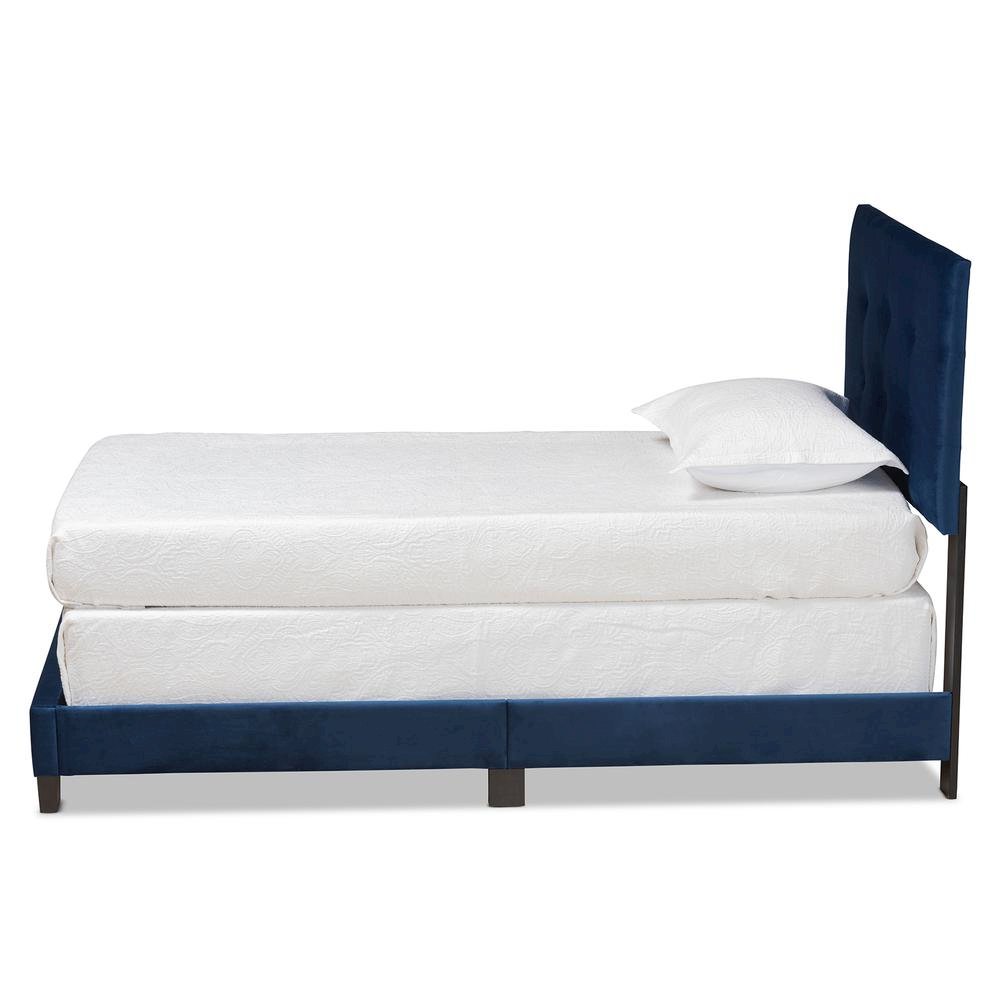 Glam Navy Blue Velvet Fabric Upholstered Twin Size Panel Bed. Picture 10
