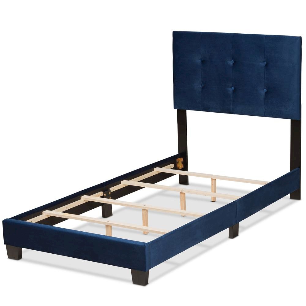Glam Navy Blue Velvet Fabric Upholstered Twin Size Panel Bed. Picture 11