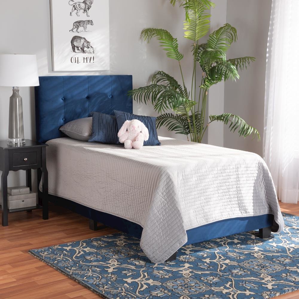 Glam Navy Blue Velvet Fabric Upholstered Twin Size Panel Bed. Picture 14