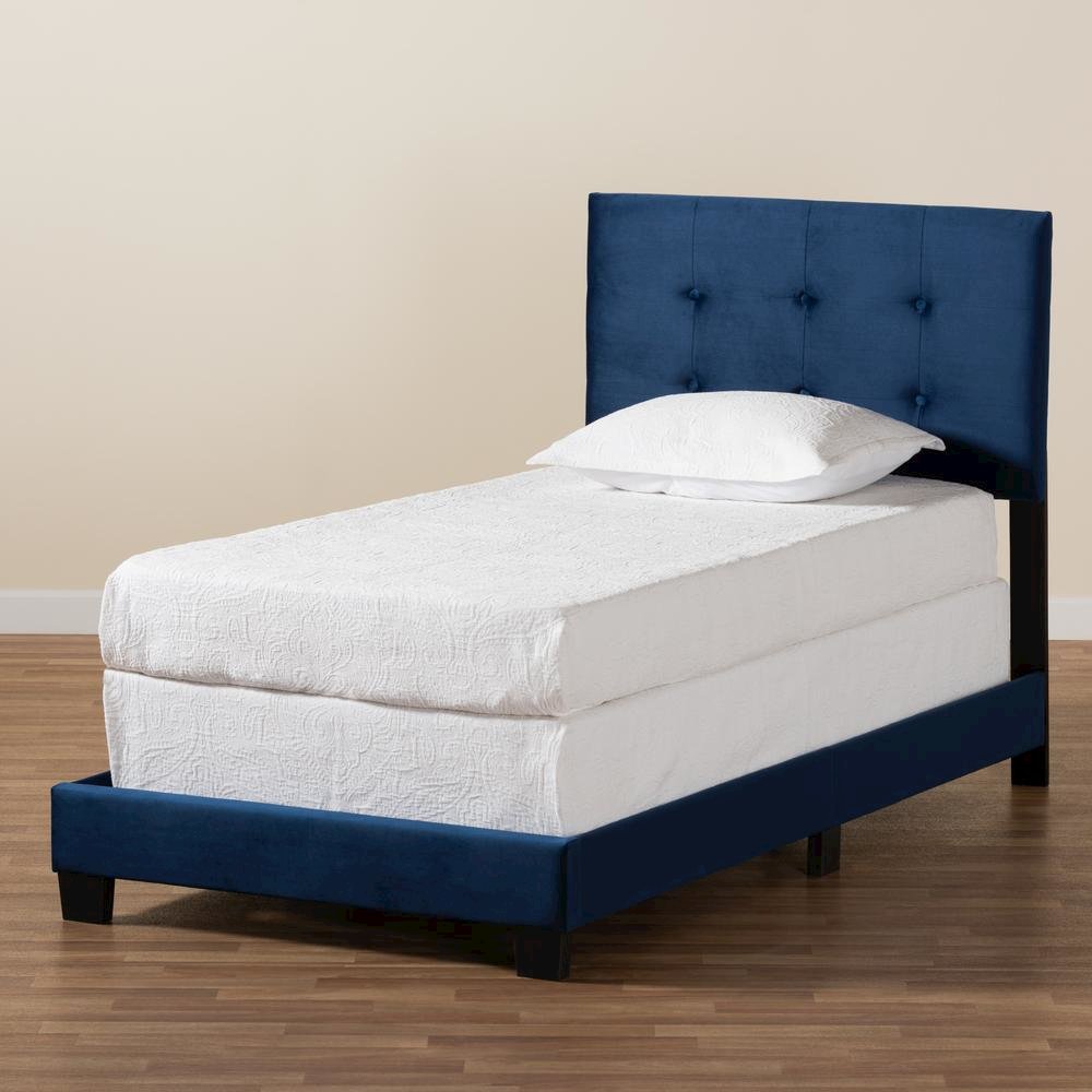 Glam Navy Blue Velvet Fabric Upholstered Twin Size Panel Bed. Picture 15