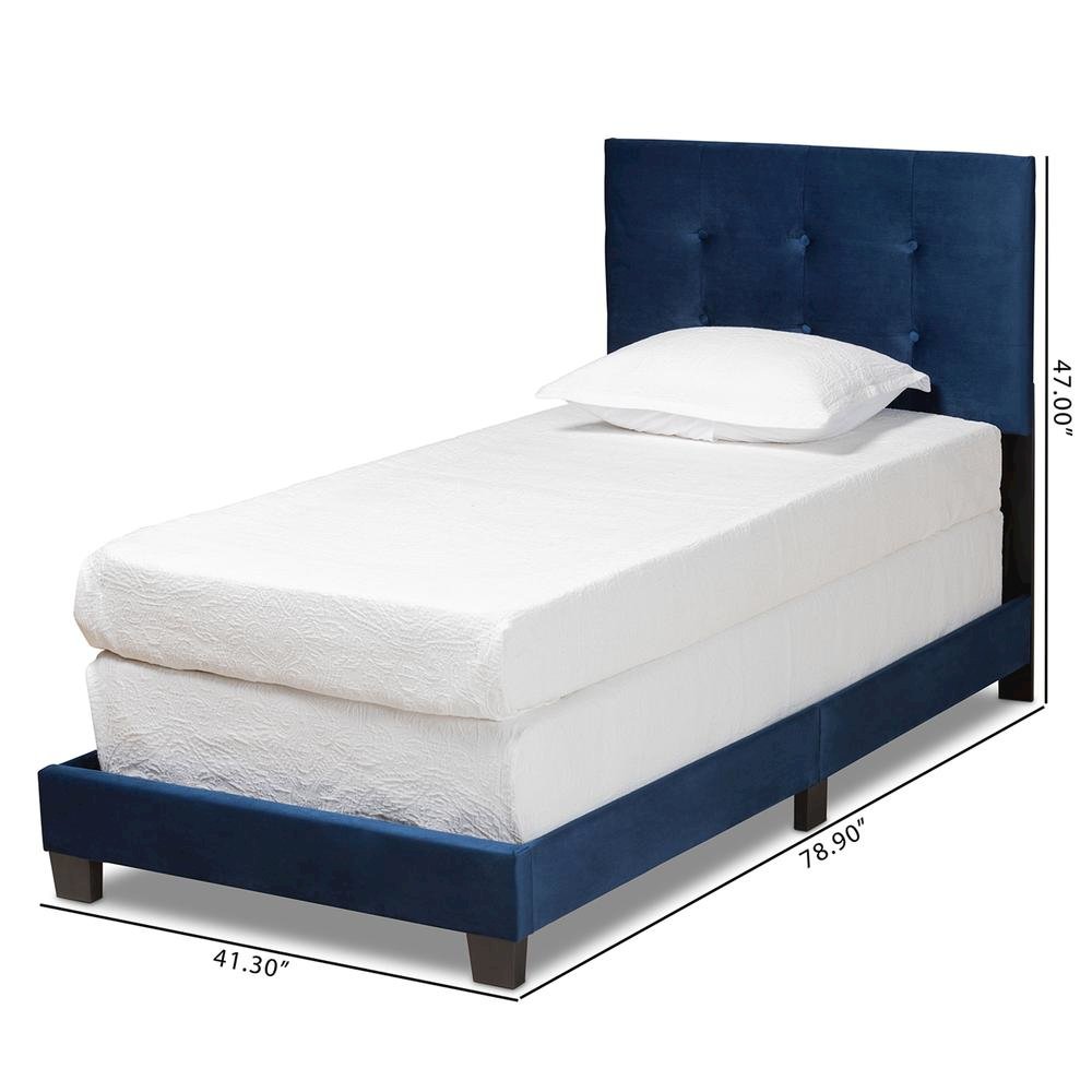 Glam Navy Blue Velvet Fabric Upholstered Twin Size Panel Bed. Picture 16