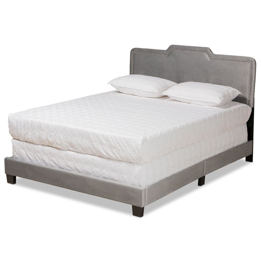 Glam Grey Velvet Fabric Upholstered Queen Size Panel Bed. Picture 10