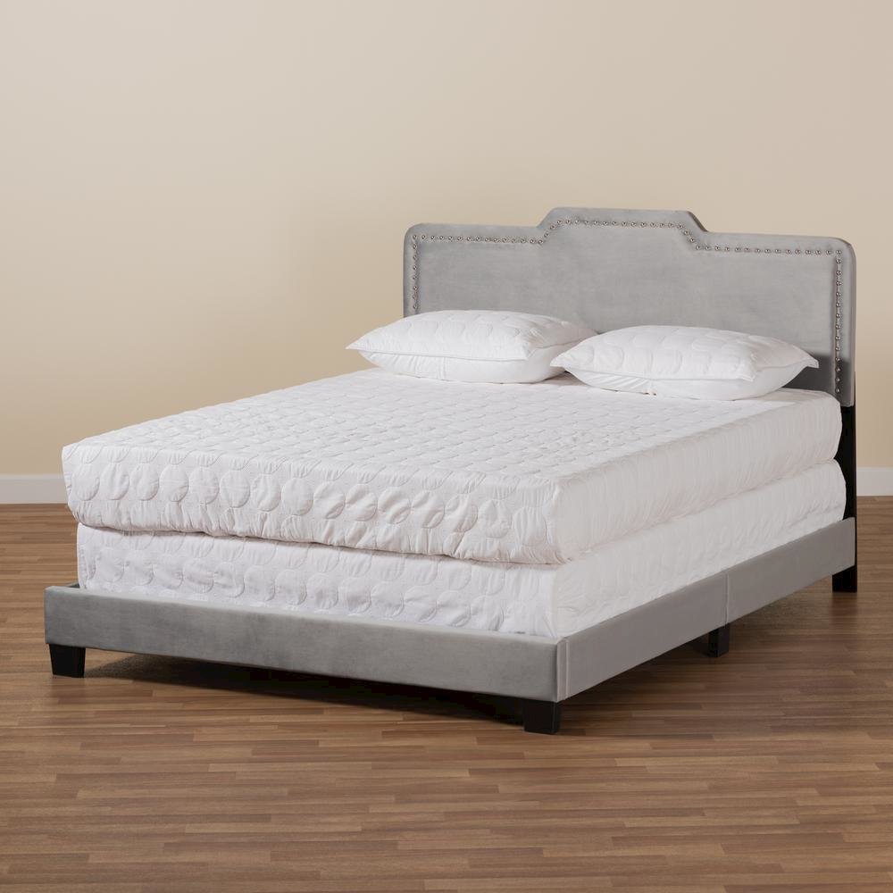 Glam Grey Velvet Fabric Upholstered Queen Size Panel Bed. Picture 16