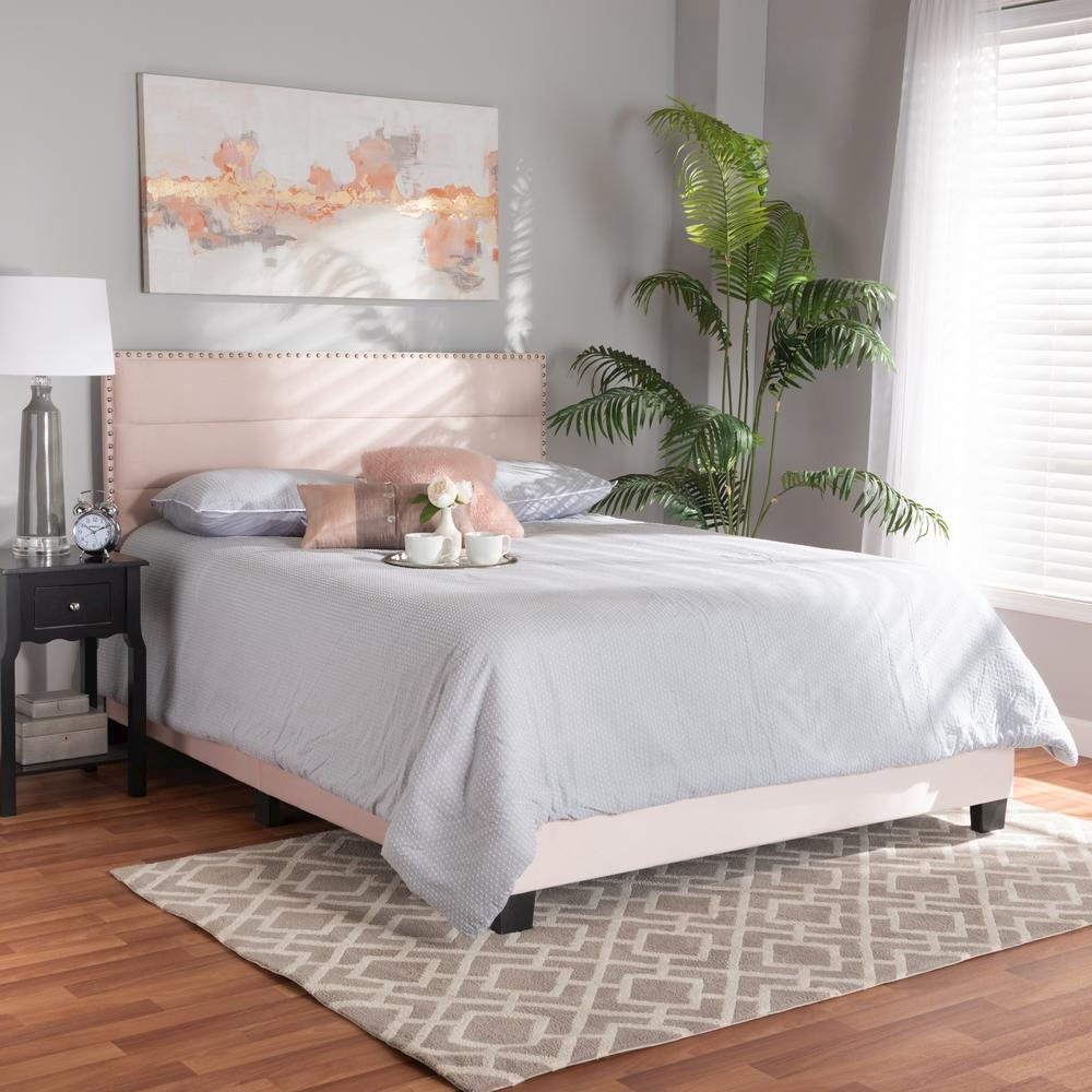Glam Light Pink Velvet Fabric Upholstered Full Size Panel Bed. Picture 15